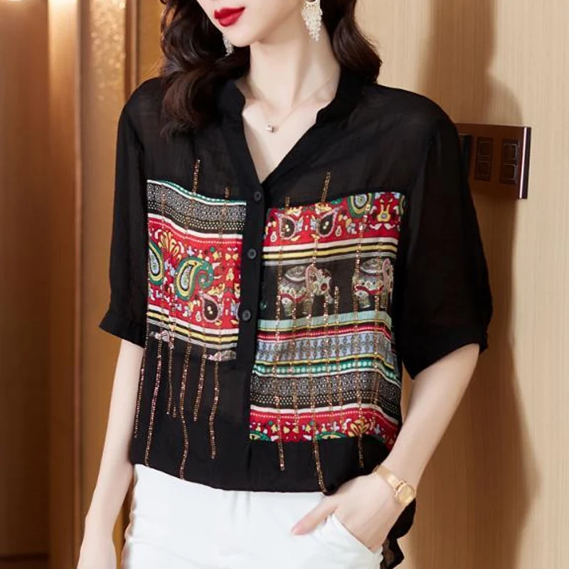 Summer New V-neck Fashion Short Sleeve Blouse Women High Street Casual Loose Button Pullovers Vintage Printing Thin Chic Tops