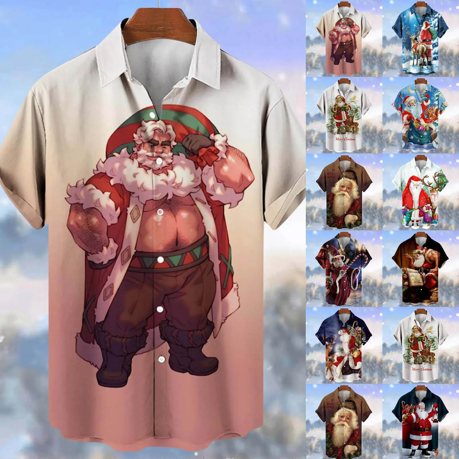 

Mens Christmas Fashion Trend Printed Short Sleeved Lapel Button Down Shirt Top European American Style Retro Streetwear