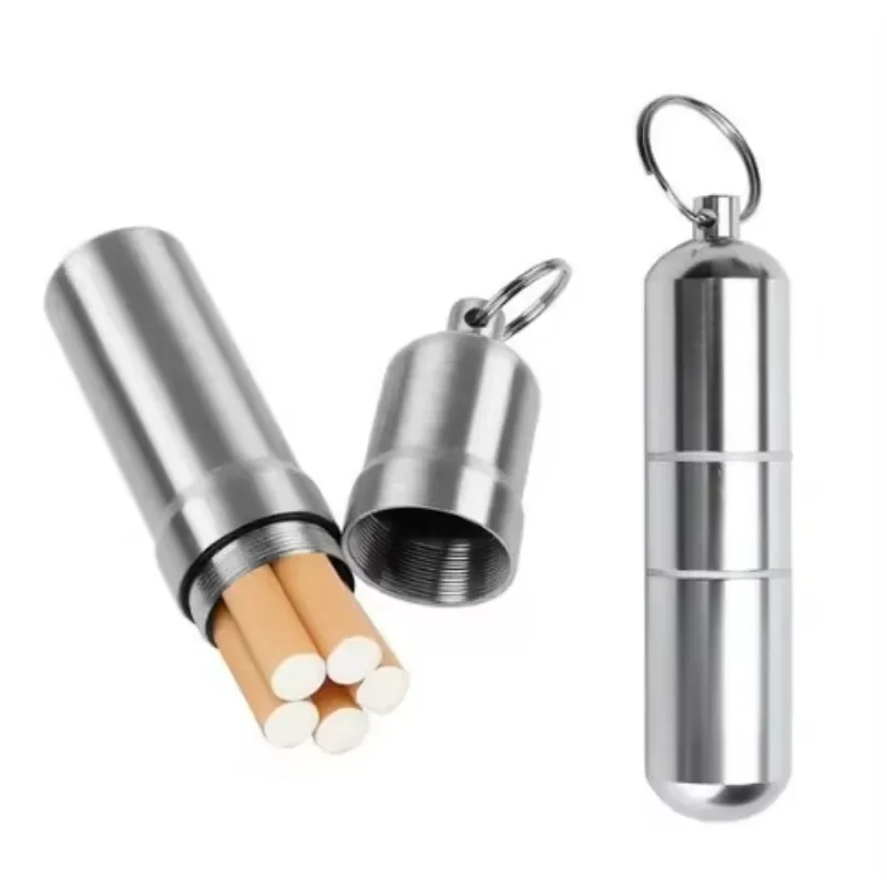 Cigarette case Waterproof Silver Aluminum Alloy Cigarette Box Pill Toothpick Capsule Holder with Keychain Mens Gift