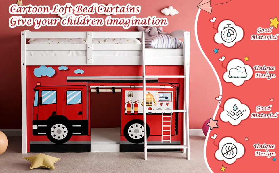 Feuerwehr-LKW-Bettvorhänge, hochwertige und anpassbare Cartoon-Hochbettvorhänge zur Aufwertung des fantasievollen Schlafzimmers – Detail 1