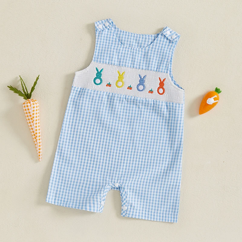 Newborn Baby Boys Girls Easter Jumpsuit Lovely Sleeveless Crewneck Egg Bunny Embroidery Plaid Tank Rompers for Toddlers 6