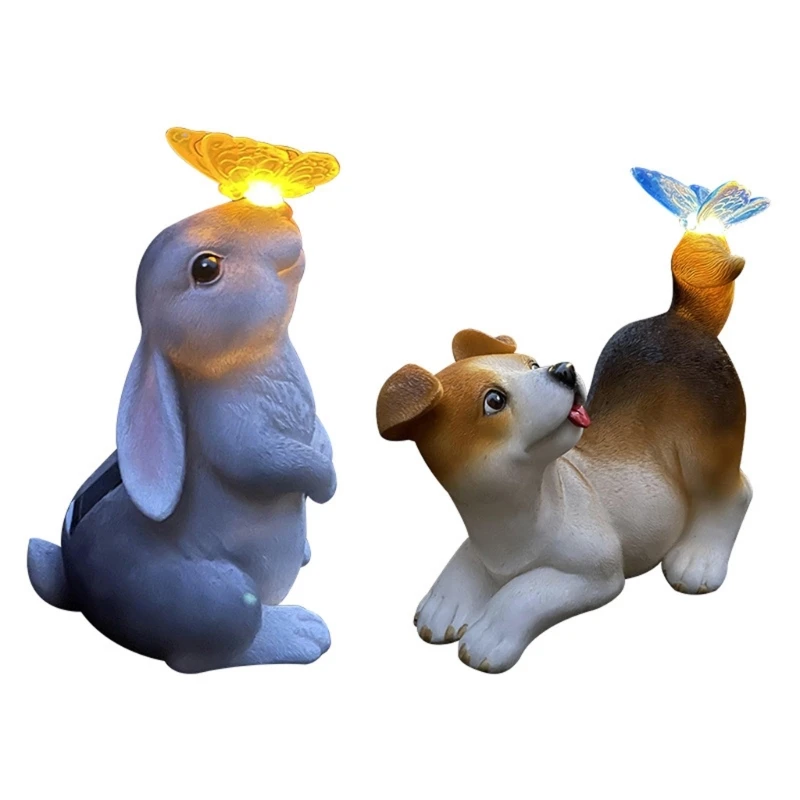 

Garden Rabbit Statue Resin Dog Figurine with Butterfly Solar LED Lights Outdoor 45BE