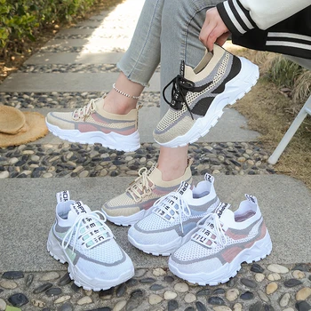 Women's Color Block Mesh Knit Chunky Sneakers 4cm Height Increasing Lace Up Thick Sole Breathable Walking Casual Sport 1