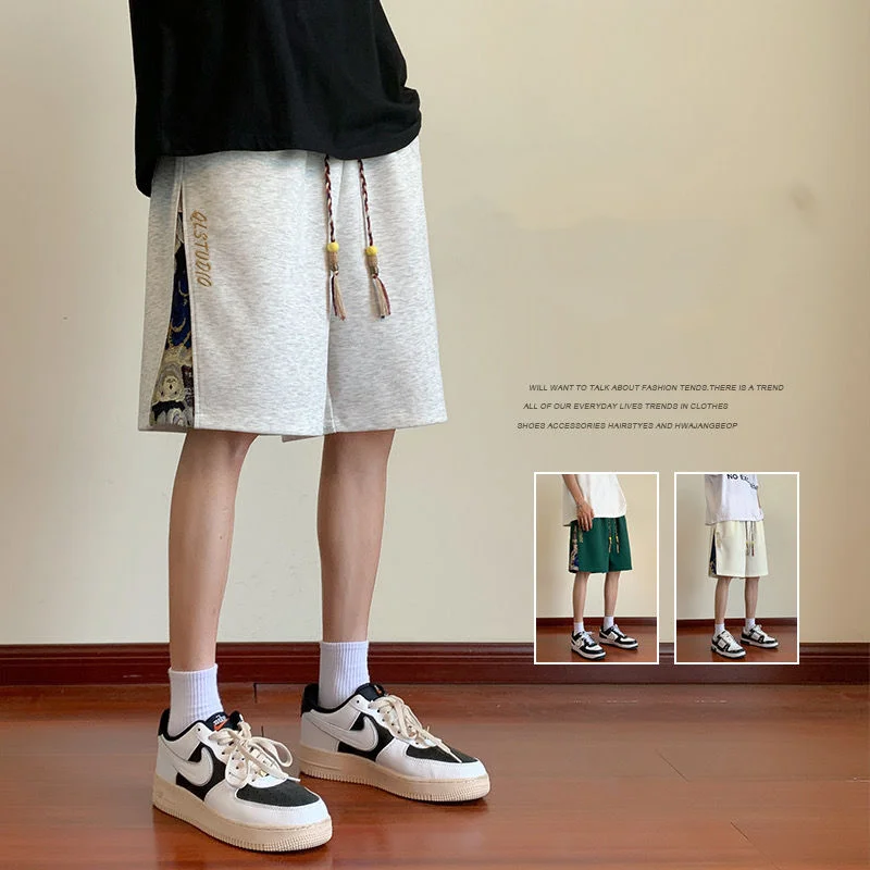 Summer High-end Pockets Chinoiserie Shorts Men's Popular 2023 New Pants Trend Casual Loose Waist Drawstring Cropped Short