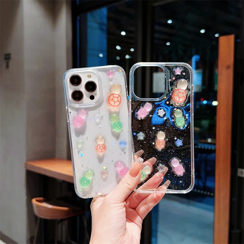 Luminous 3D turtle soft clear star glitter girl phone case for
