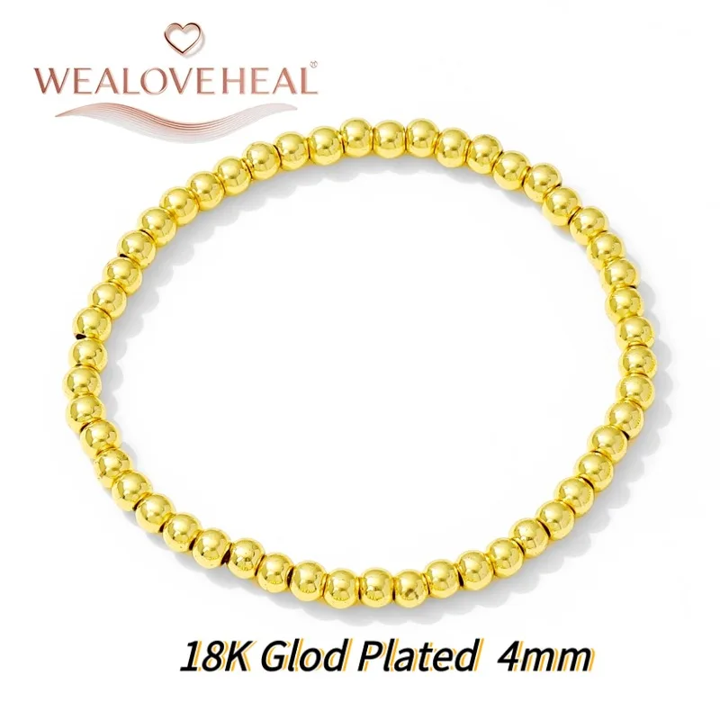 18K vergoldetes Messing Metall Runde Gold Kugel Perlen Armbänder für Damen Herren Schmuck, 4/5/6mm Perlenstrang elastisches Armband – Detail 19
