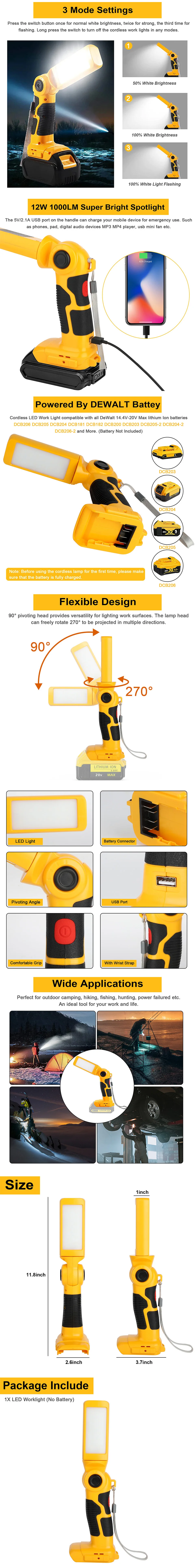 For Dewalt Lamp Work Light Flashlight Tool Light Spotlight Light For DEWALT 18W/