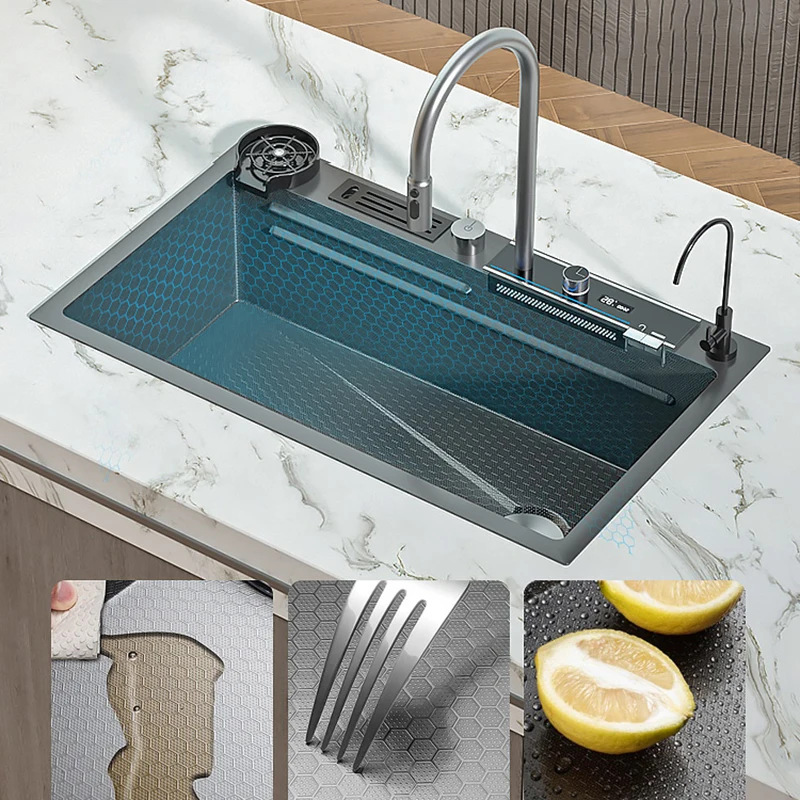 Digital Display Waterfall Kitchen Sink, Slot único grande, Aço inoxidável 304, Bacia de lavar vegetal artesanal