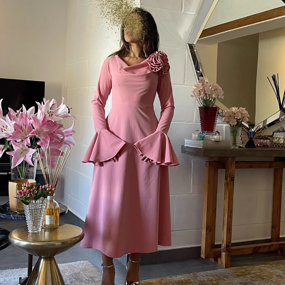 Jersey HandmadeFlower Ruched Homecoming A-line V-neck Bespoke Occasion Gown Midi Dresses