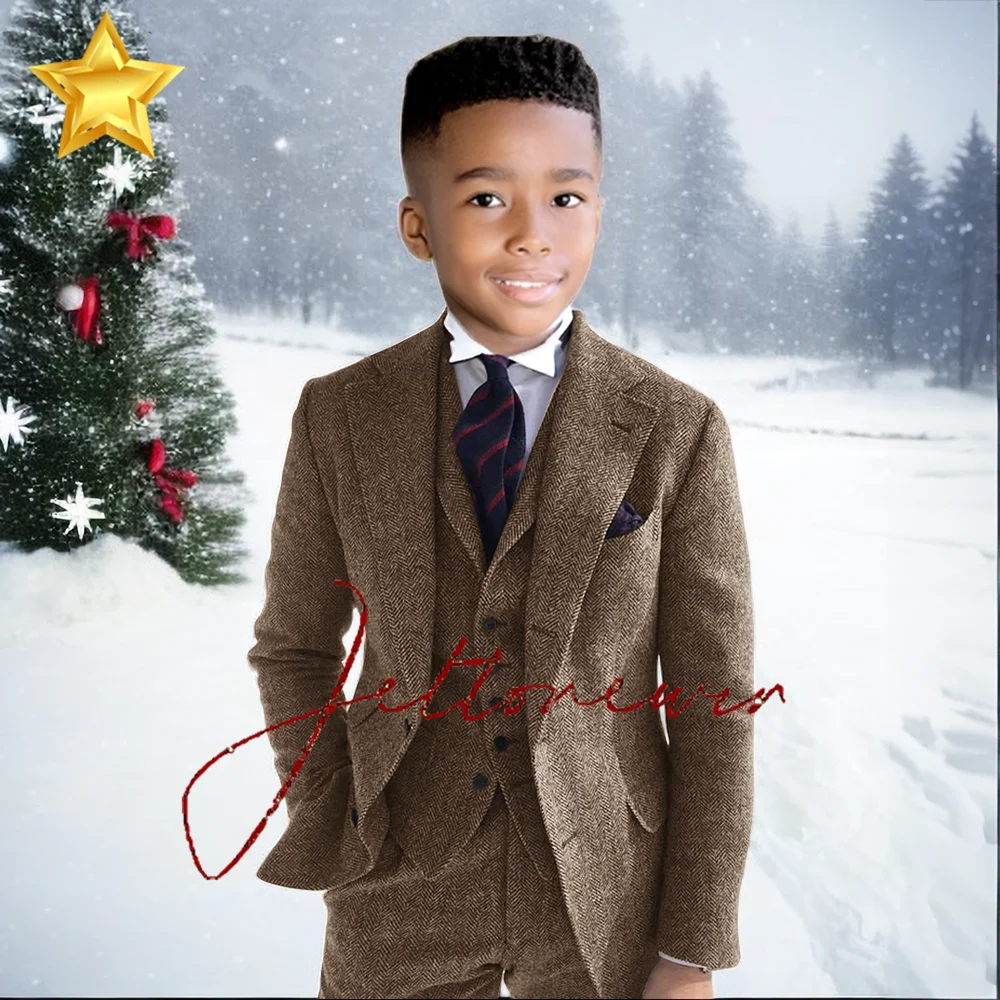 Gray Wool Tweed Winter Boy Suit's For Wedding Formal KidsTuxedo Herringbone Child Fashion 3 Piece (Jacket +Vest +Pants）