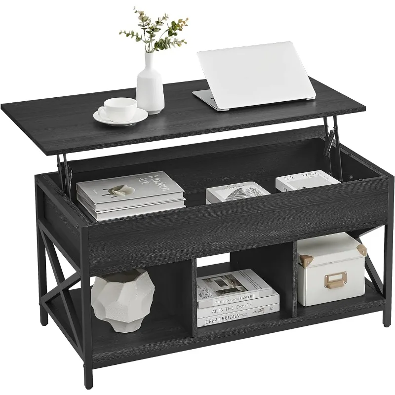 

Подъемный журнальный столик, подъемный журнальный столик с полкой для хранения, скрытые отсеки и подъемная крышка, для гостиной, офиса, черный