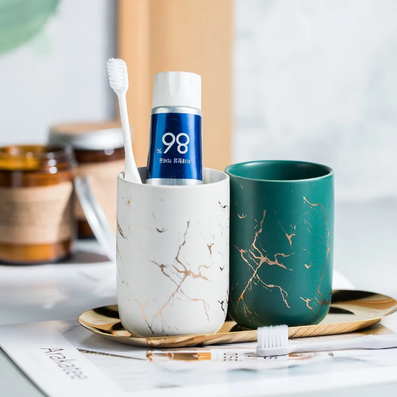 Toothbrush Holder Creative Marbled Gold Plated Mouthwash Cup Couple Toothbrush Holder Bathroom Accessories Ceramic Mouthwash Cup Home Decoration