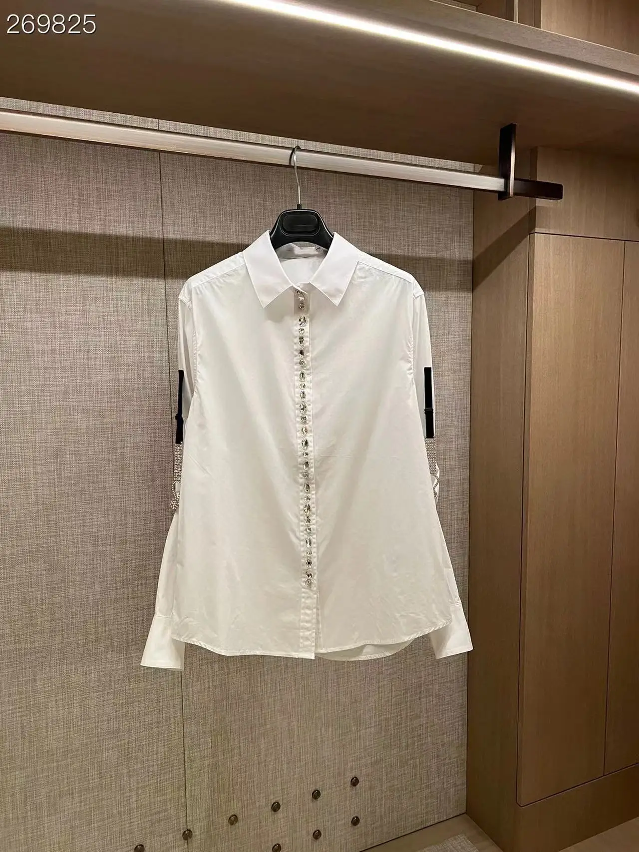 

High Quality Women's Top Fashion Runway White Cotton Blouse Long Sleeves Diamonds Buttons Vacation Summer 2022 New Blouse