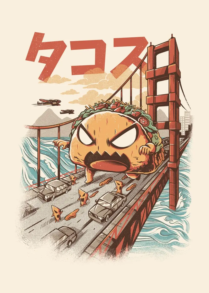 Vintage Japanese Kaijus Food Art Canvas: Sushi, Ramen, and Burgerzilla Poster
