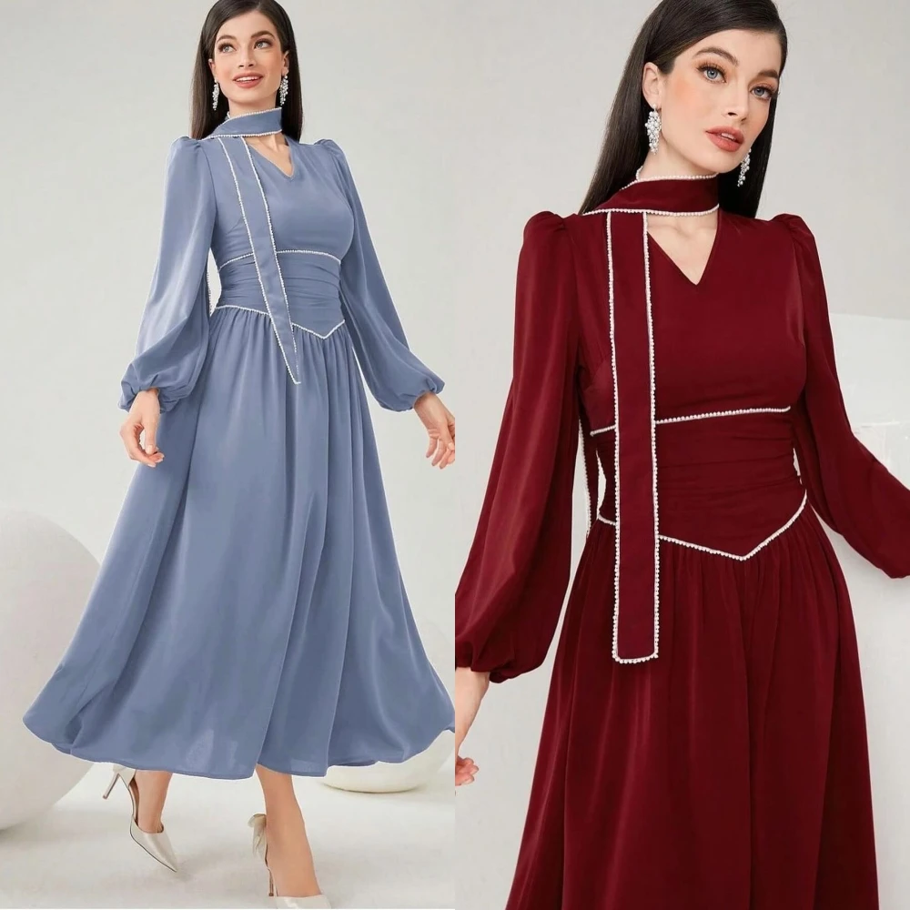 Chiffon Pleat Formal Evening A-line  V-Neck Bespoke Occasion Gown  Midi Dresses