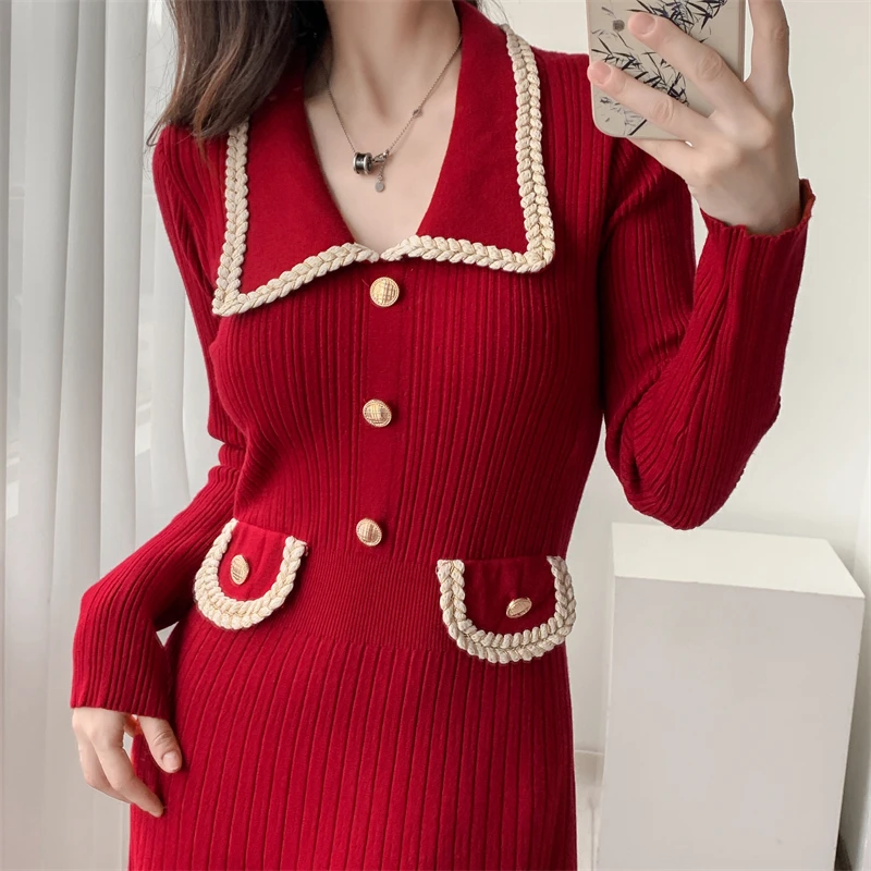 Vestidos de punto de otoño e invierno para mujer, cuello vuelto, moda coreana, corte en A, vestido liso informal, vestidos ajustados para mujer, nuevo