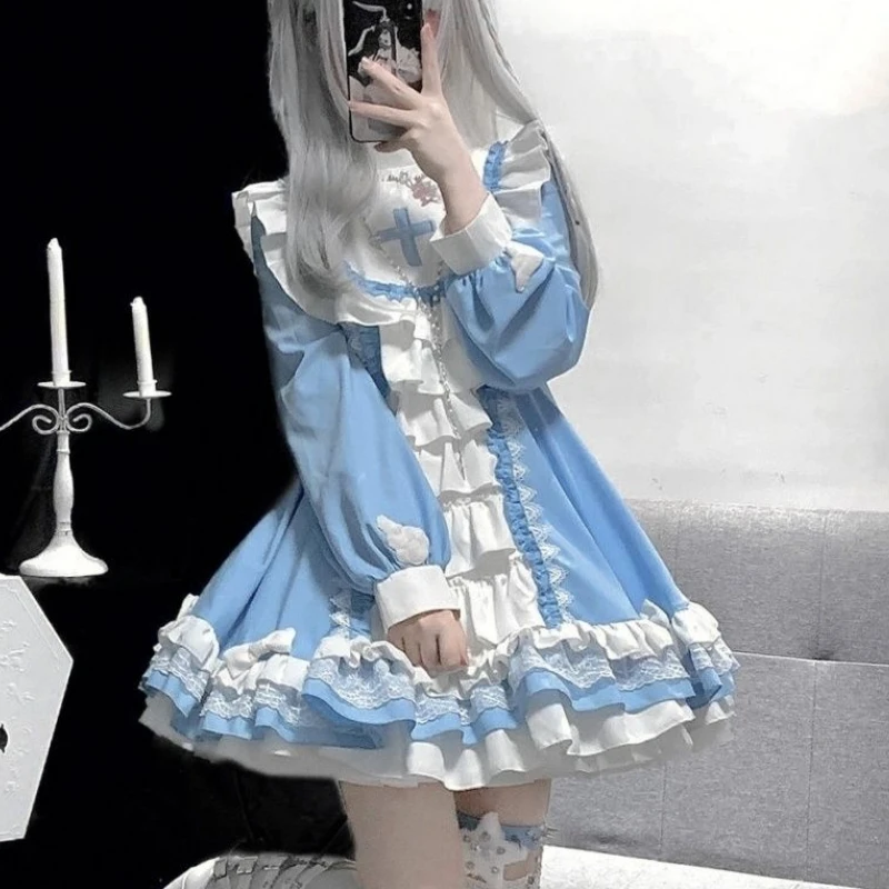 Dress Women Harajuku Gothic Lolita OP Kwaii Bow Ruffles Blue White Patchwork Princess Japanese Tea Party Mini