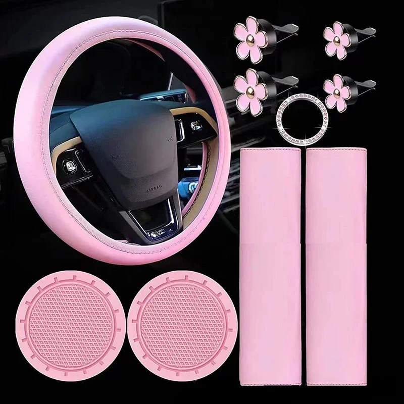 Set Auto Rosa Per Donna: 10 Pezzi In Pelle Con Coprivolante, Cuscini Cintura, Sottobicchieri E Adesivi A Fiore