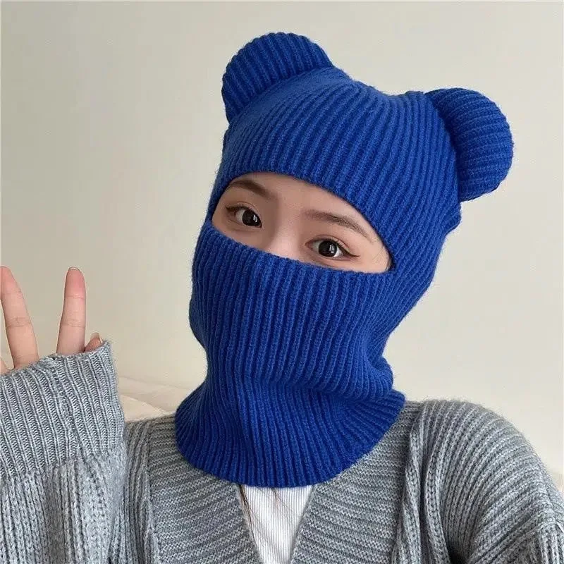 New Wome's Cute Full Face Cover Ski Mask Hat with Bear Ear Balaclava Knitted Hats Windproof Skullies Beanies Bonnet Winter Warm 6