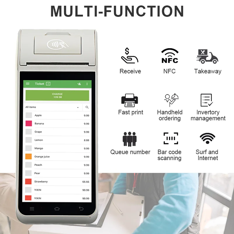 안드로이드 13 휴대용 단말기 POS 프린터 휴대용 58mm 열 영수증 프린터 4G 블루투스 NFC 티켓 빌 POS PDA Impressora