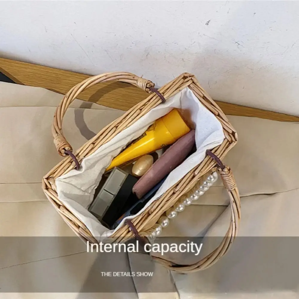 Straw Tote Hand Bags Summer Pearl Handle Handmade Knitted Handbag Storage Rattan Weaving Basket Shoulder Bag Women Girls