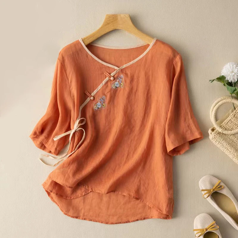 New Spring Summer Traditional Chinese Clothing Women Clothes Short Sleeve Top Loose Hanfu Tang Suit Round Neck Literary T-shirt