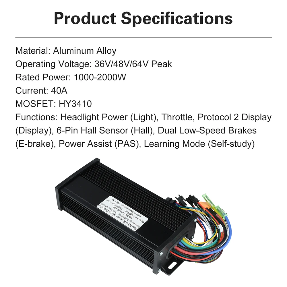 1000W-2000W Electric Vehicle Controller 36V 48V 52V 60V Sine Wave Three-Mode Brushless Motor Controller for Electric Bicycles
