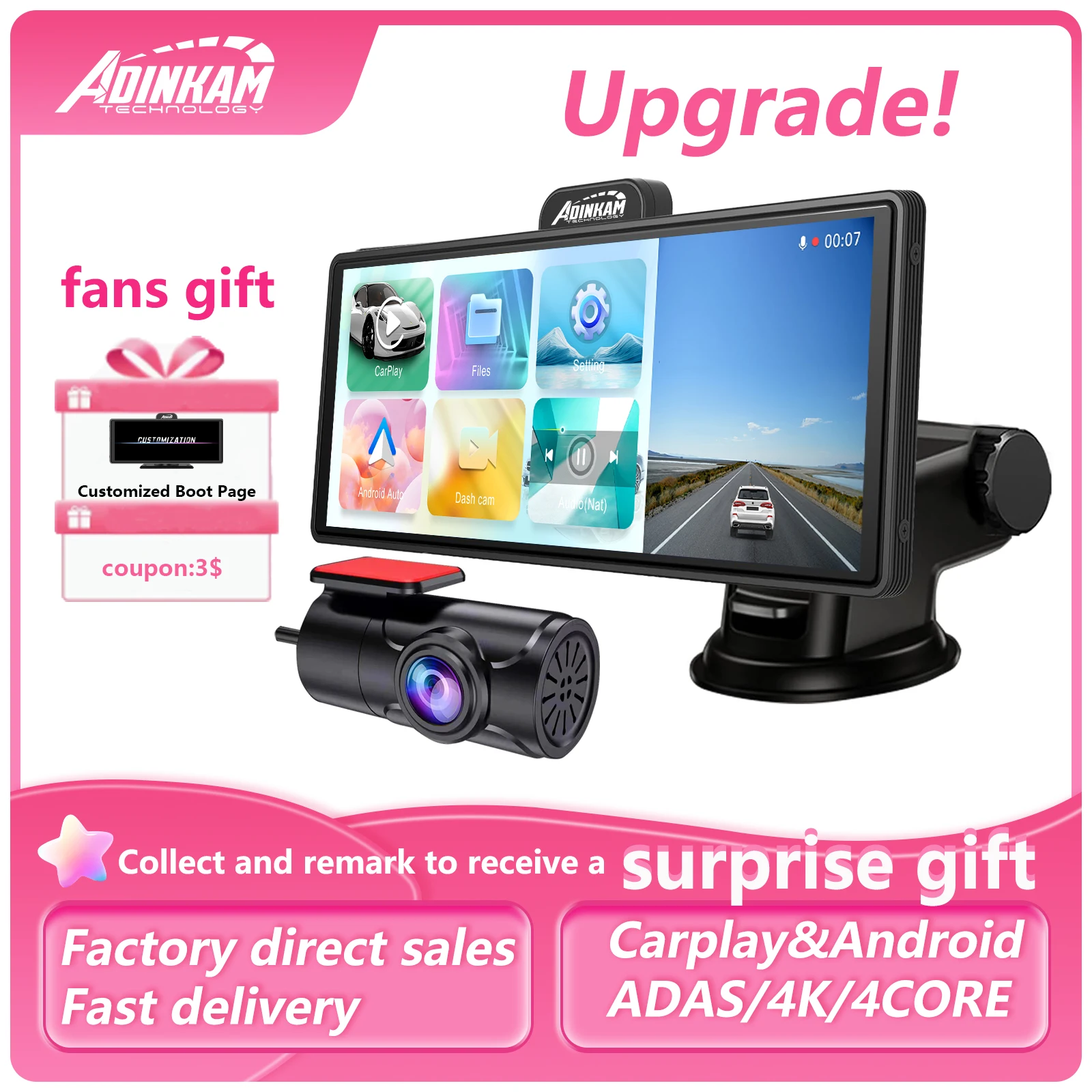

ADINKAM Portable Carplay & Android Auto ADAS Wireless 10.26Carplay 4K Dash Cam Sucker Holder Safe Convenient highly Fast Touch