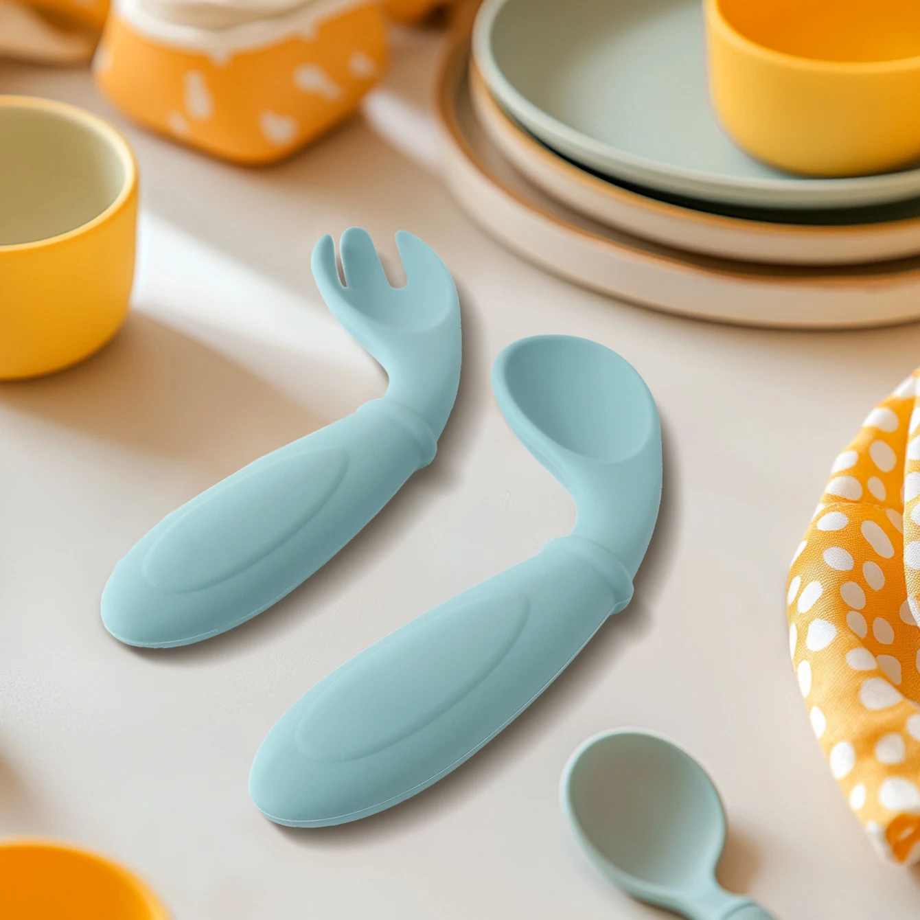 2PCS Silicone Baby Spoon Fork Set BPA Free Self Feeding Training Utensils for 6M+ Toddlers Travel Safe Cutlery Baby Tableware
