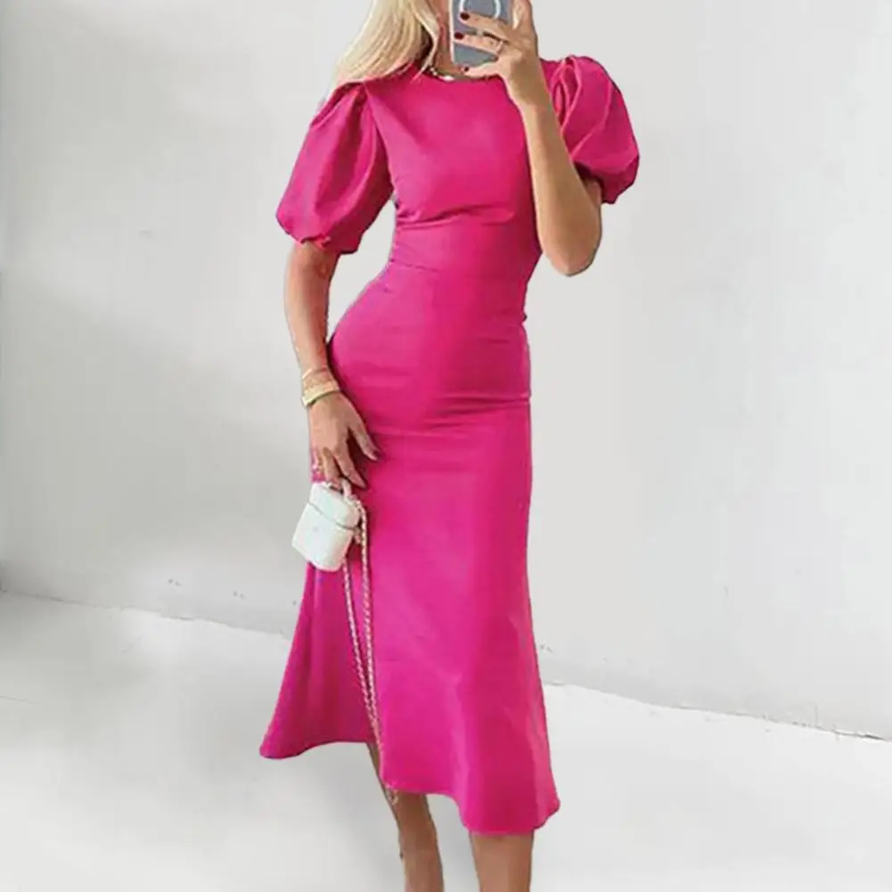 

Women Summer Dress Elegant Lady Prom Cocktail Midi Dress with Slim Fit Bubble Sleeves Round Neck Flattering Tight Waist Lady