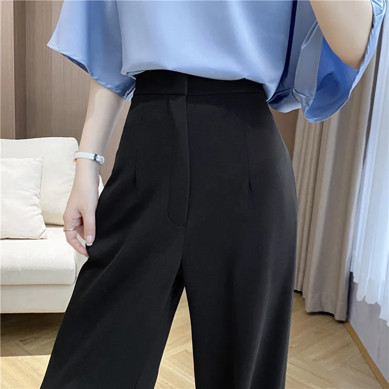 Spring Women Suit Pants Black Straight Wide-leg Tailored Trousers Casual Long Advanced Sense High Waist Drape Look Thin Blazer