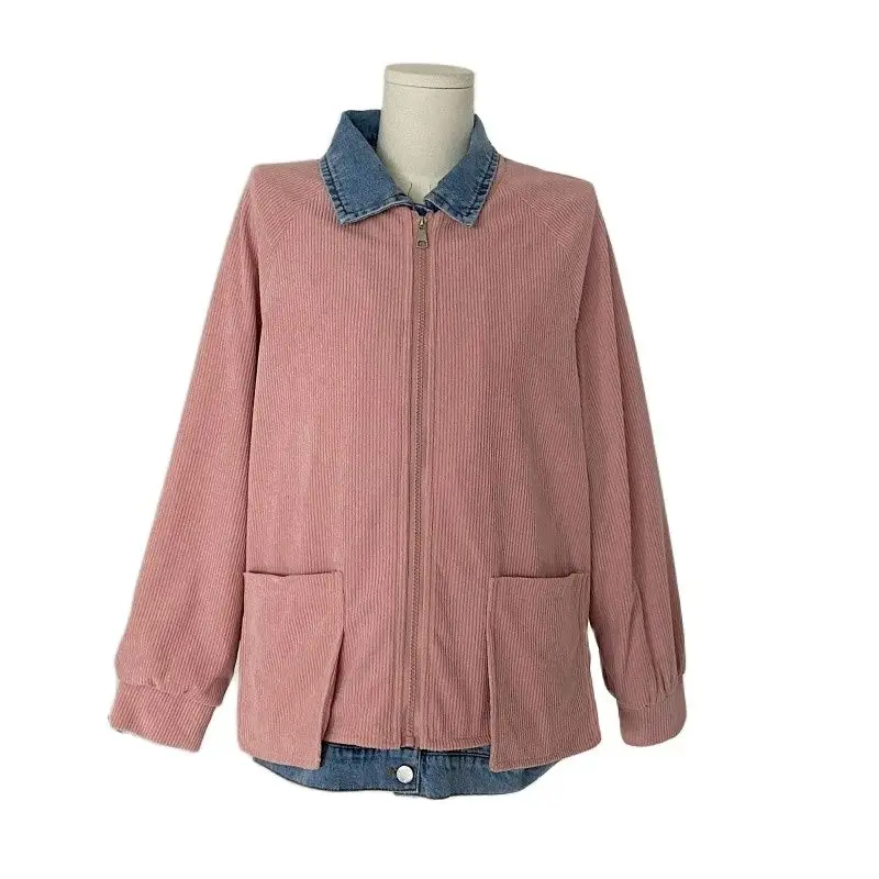

2023 Autumn New Women'S Coat Leisure Corduroy Fake Two Pieces Splicing Single Broken Zipper Lapel Collar Package Shipping