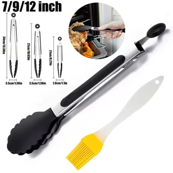 Kitchen Tongs Stainless Steel Food Tongs with Silicone Tips Meat Salad Bread Clip Barbecue Grill Buffet Clamp Cooking Tool Brush