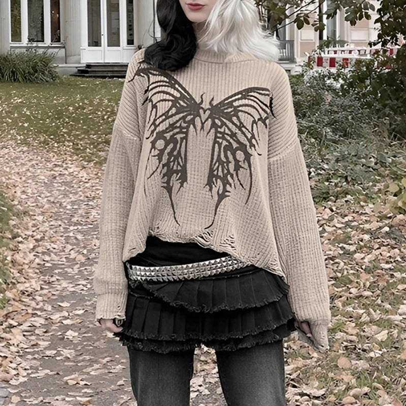Darlingaga Vintage Grunge Butterfly Pattern Women Sweater Top Autumn Winter Ripped Fairycore Knitted Pullover Aesthetic Jumpers