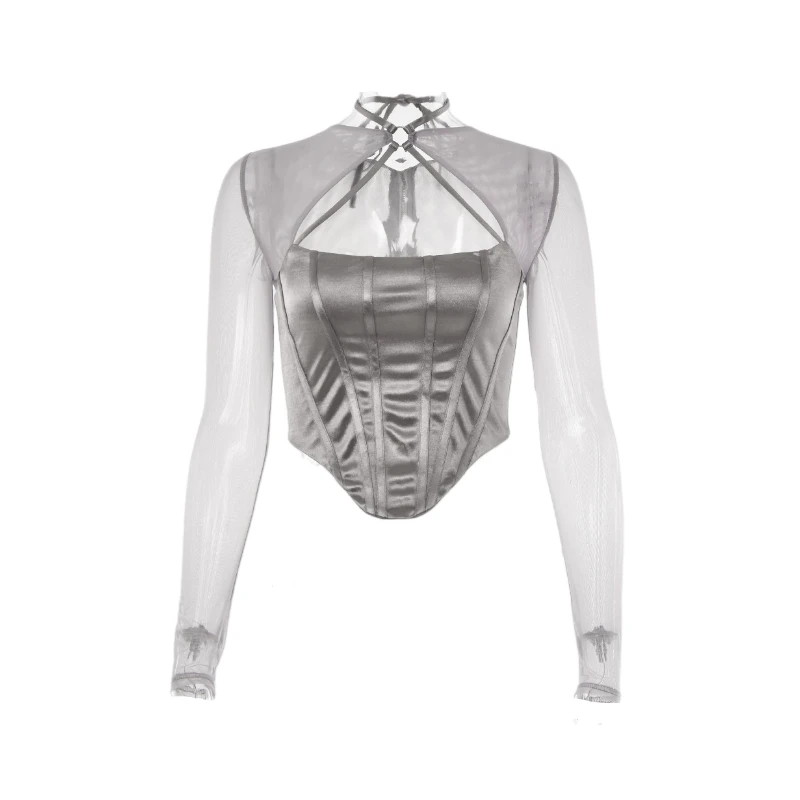 Asymmetrical See Through Sexy Women Clothes Solid Sheer Grey Elegant Corset Tops Club Mesh Outfits Long Sleeve Streetwear