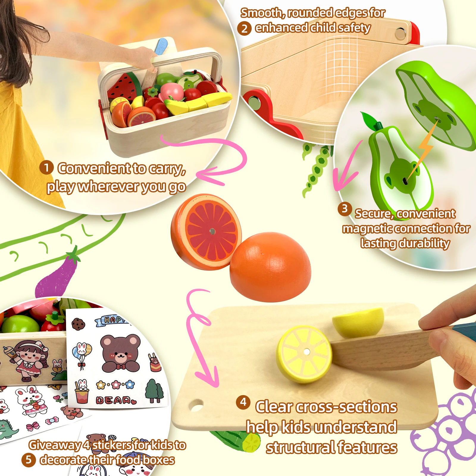 Wooden Magnetic Fruit Vegetable Dessert Food Cutting Montessori Toys Simulation Kitchen Kids Educational Playset Birthday Gifts