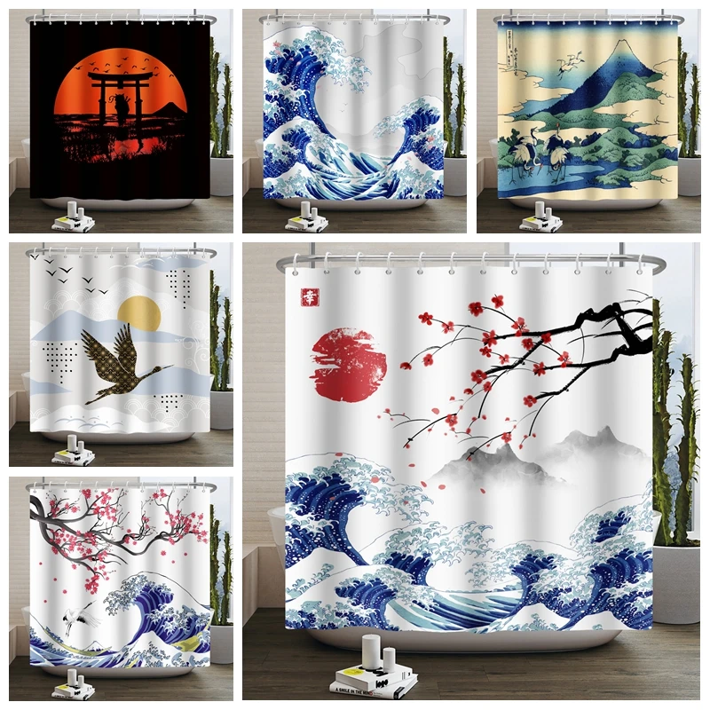 Japanese Shower Curtain Japan Mount Fuji Cherry Blossoms Waterproof Polyester Fabric Bathroom Curtains Washable Bathtub Screen