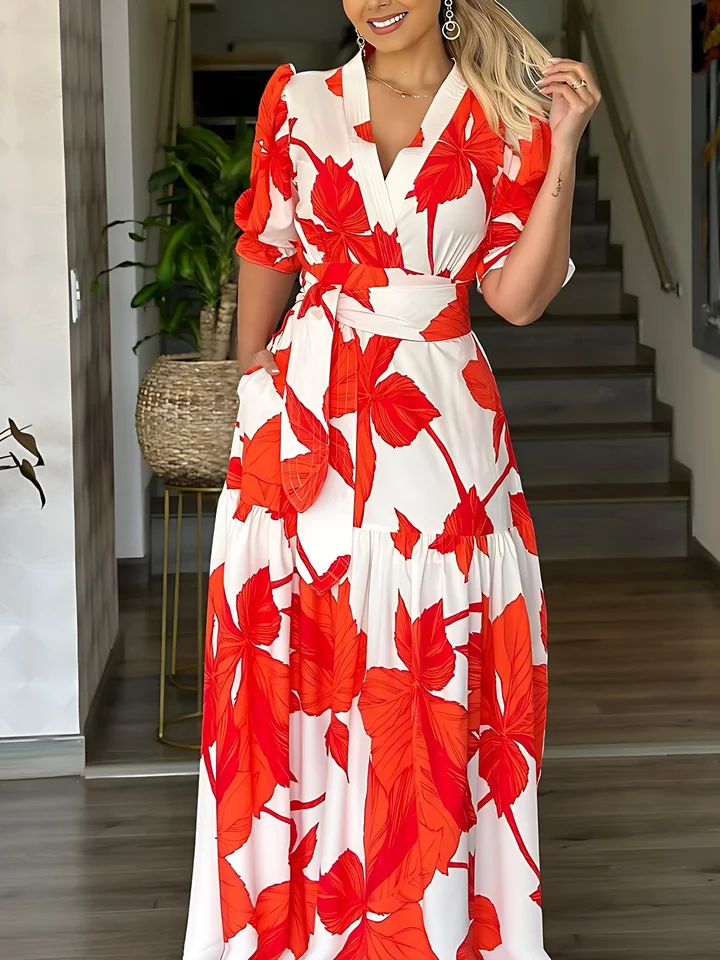 フローラルプリント Vネックロングドレス 女性用ロングフローラルプリントドレス,Vネック,半袖,ルーズ,ラージ