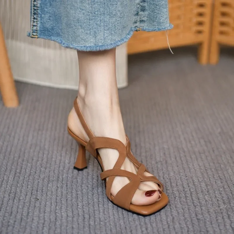 Women Slingback Sandals Women High Heels Shoes Women Dress Shoes New Cross Hollow Slingbacks Shoes Woman Peep Toe Sandals Women's Summer Black Thin High Heels Gold Heeled Roman Sandalias