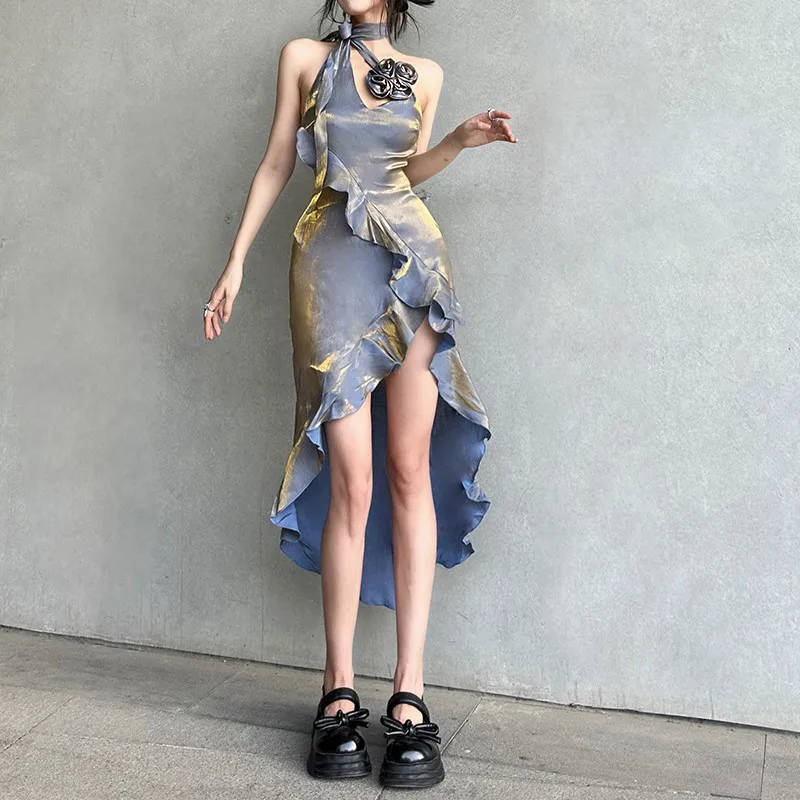

Mermaid Light Luxury Halter Dress Women's Design Ruffled Slimming Irregular Skirt