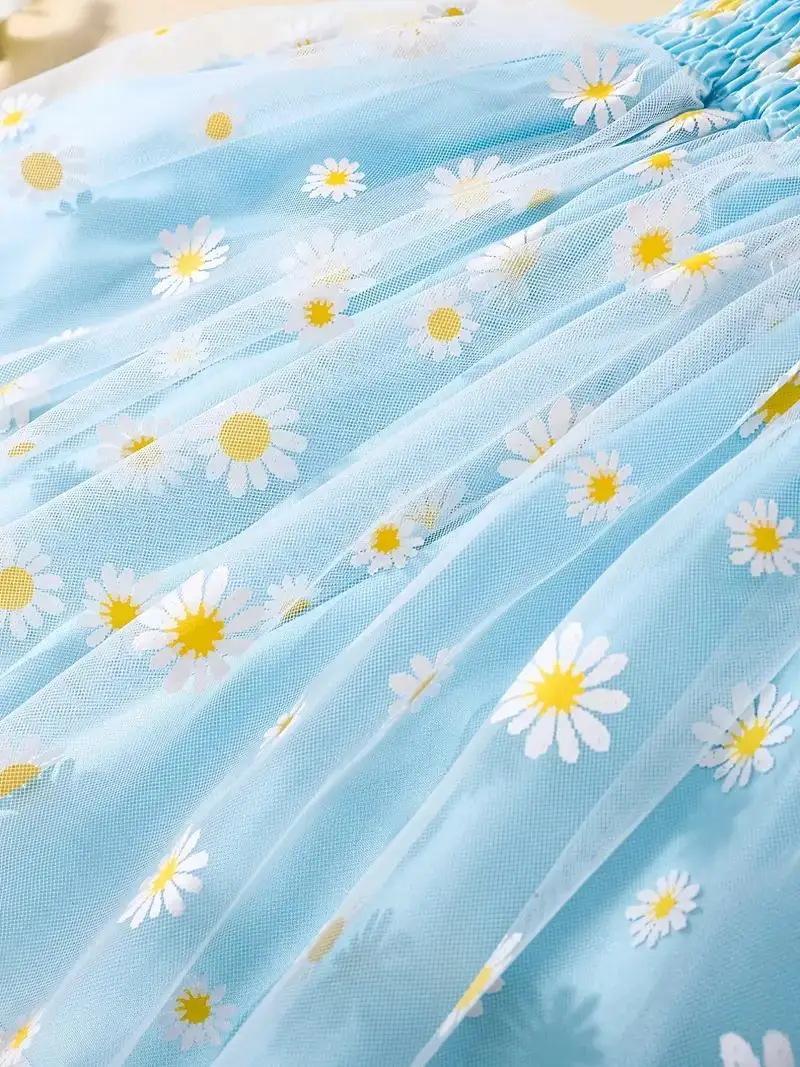 Girls Dress Infant Toddler Cartoon Daisy Pattern Shirred Casual Mesh Cami Summer