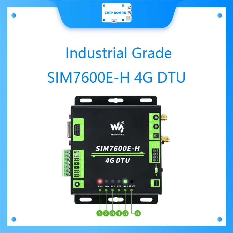 

Waveshare промышленный класс SIM7600E-H 4G DTU, RS232/485/TTL до 4G LTE, GNSS, для Китая, Европы, Ближнего Востока, Африки, Южной Кореи