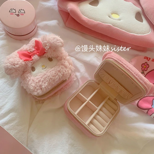 Kawaii Sanrios Anime Melody Plush Jewelry Organizer Box Travel Portable Storage Case Storage Organizer Earring Holder Gift Toy 1