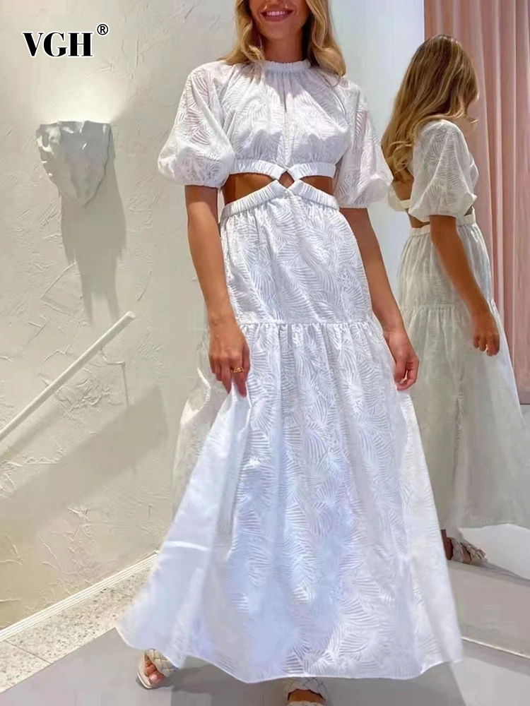 

VGH Casual Jacquard Dress For Women Stand Collar Short Puff Sleeve High Waist Cut Out Midi Dresses Female Fashion Clothing Style