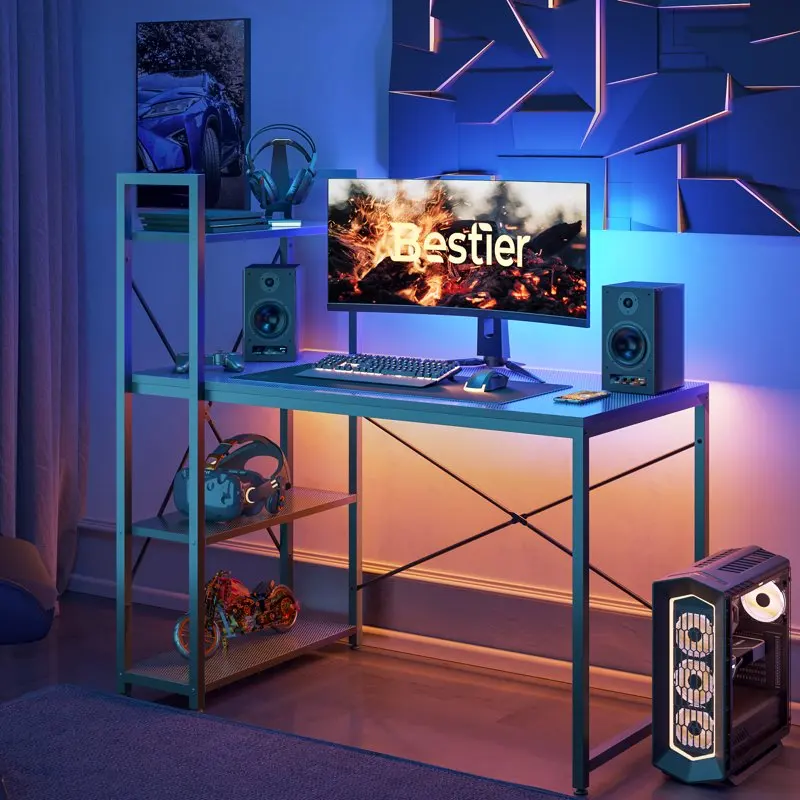 

Inch Computer Gaming Desk with Shelves Black Carbon Fiber
