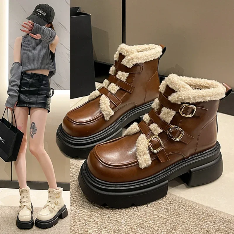 

Дизайнерская Женская обувь сезона осень-зима 2023, студенческие маленькие кожаные туфли в британском стиле, ЯПОНСКИЕ ВИНТАЖНЫЕ плюшевые теплые женские ботинки