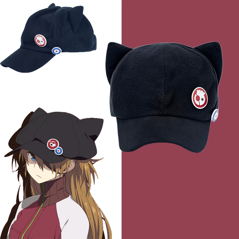 Cosplay Hats Anime EVA Shikinami Asuka Rangure Asuka Risoli Cat Ear Polar Fleece Hat Cosplay Cap and Badge Cute Cosplay Accessories