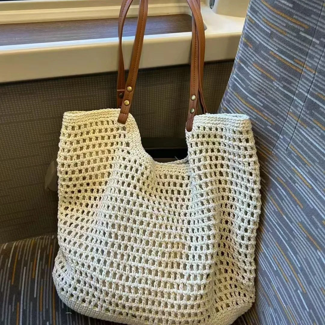 New Popular Woven Bag Mesh Rope Weaving Tie Buckle Reticulate Hollow Straw Bag No Lined Net Shoulder Bags
