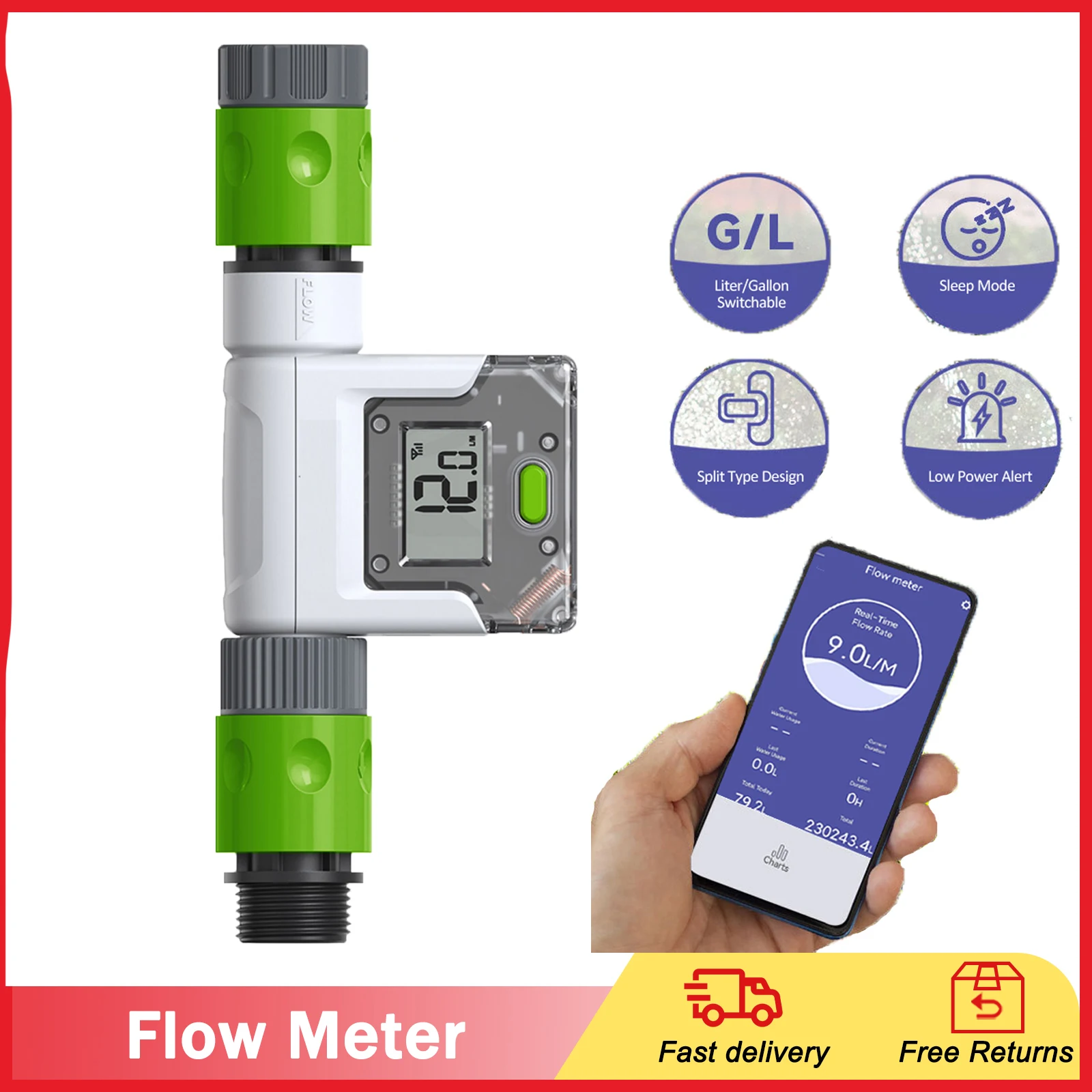 Wi-Fi Water Flow Meter for Garden Hose Smart Water Meter with 4 Flow Modes Real-Time Tracking Easy Reading Display Alerts