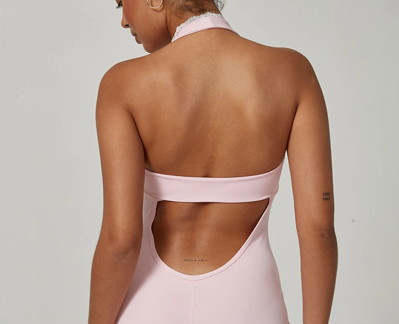 Neuer Halter V-Ausschnitt Pilates Yoga Jumpsuit Damen Einteiler mit Spitzen-Patchwork Sexy Tailliertes Sportoutfit Eleganter Einfarbiger Workout-Bodysuit – Detail 3